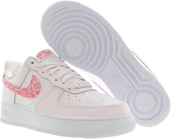 White Nike Air Force 1 sneaker with pink paisley Swoosh, women's fashion footwear