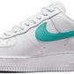 White Nike Air Force 1 sneaker with turquoise Swoosh, women's fashion footwear