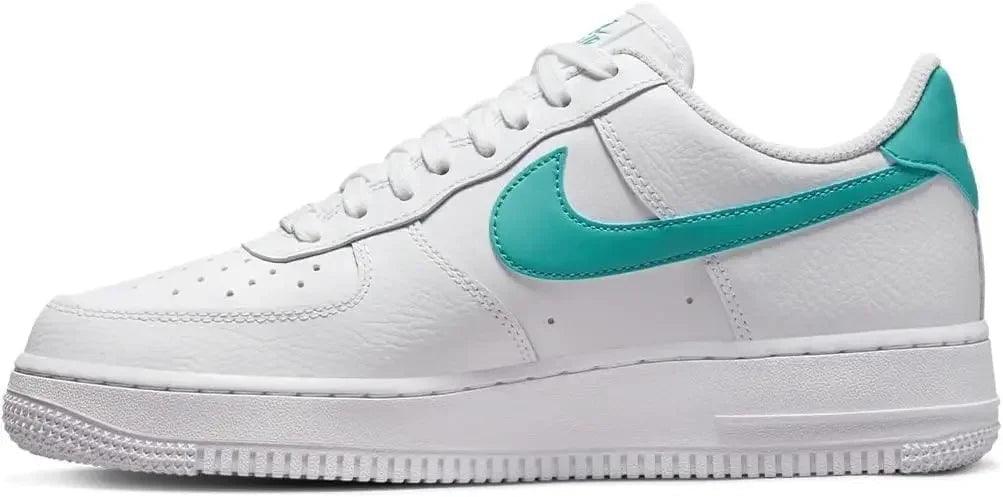 White Nike Air Force 1 sneaker with turquoise Swoosh, women's fashion footwear