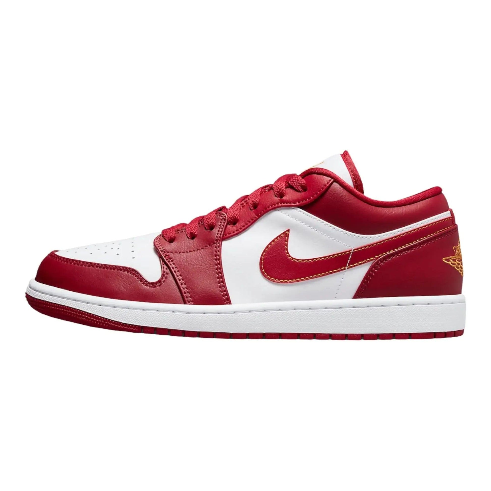 Red and white low-top sneaker with gold accents, stylish women's fashion footwear