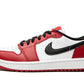 Red and white Nike Air Jordan 1 low sneaker with black swoosh, perfect for women's fashion and streetwear styles.