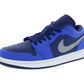 Blue and navy Nike Air Jordan 1 low-top sneaker with white sole and silver swoosh, women's fashion footwear