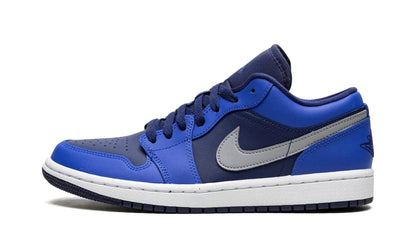 Blue and navy Nike Air Jordan 1 low sneaker with gray swoosh, white sole, fashion footwear