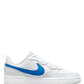 White women's sneaker with blue Nike swoosh, casual fashion footwear