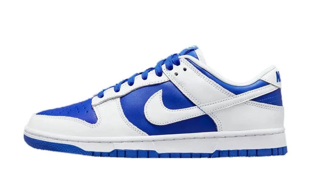 Blue and white Nike Dunk Low sneaker, women's fashion footwear with classic design