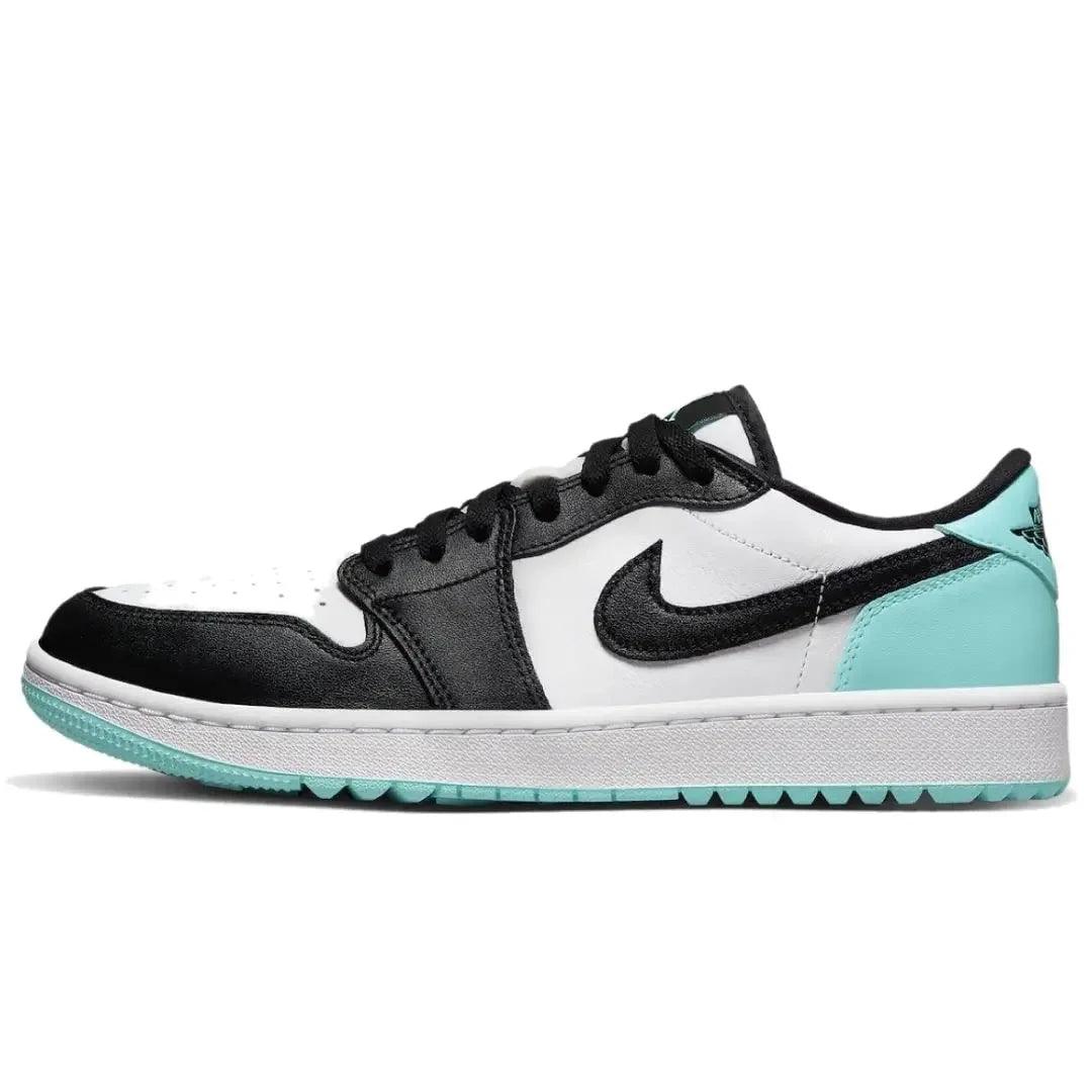 Black and white low-top sneaker with mint green accents, stylish women's fashion footwear