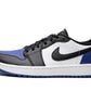 Women's black white and royal blue Nike Air Jordan 1 low sneaker with classic swoosh design