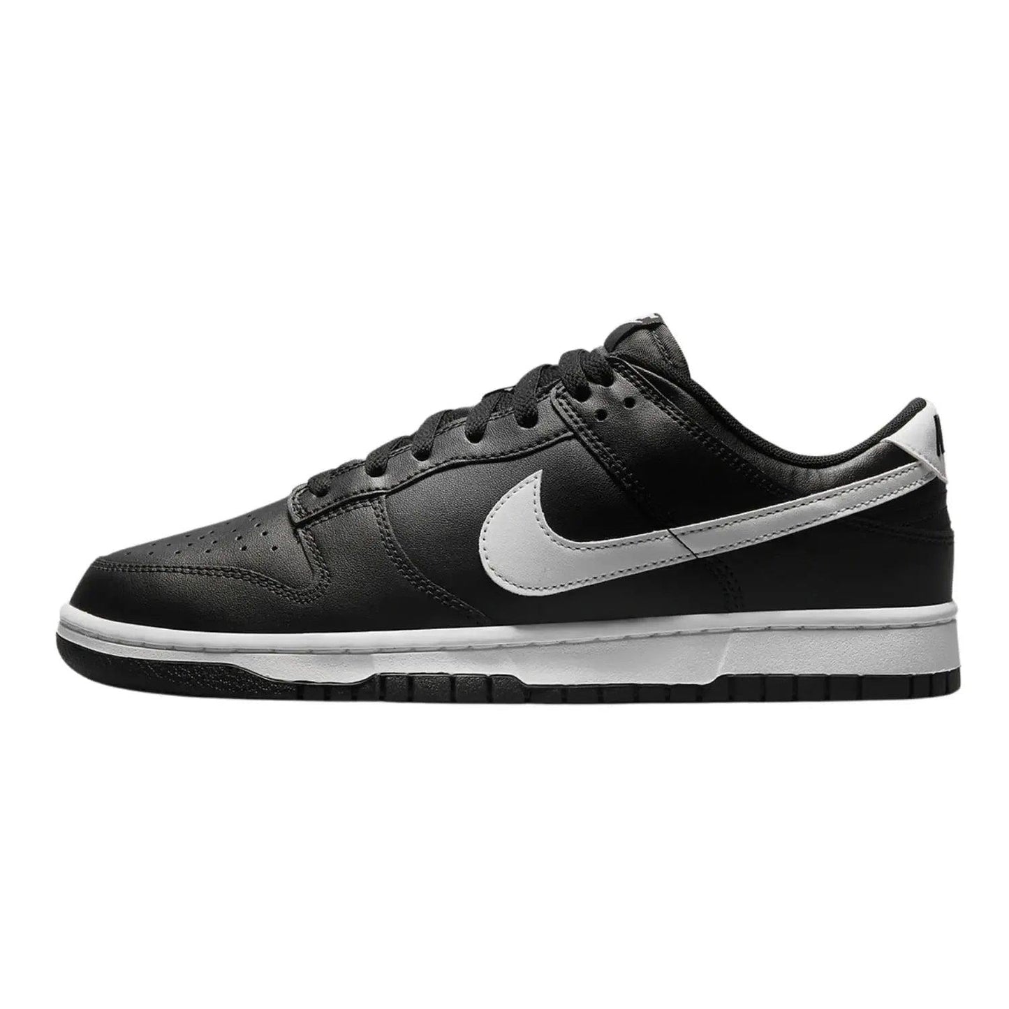 Black and white Nike Dunk Low sneaker with iconic Swoosh, perfect for women's fashion and streetwear styles.