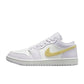 White women's sneaker with gold glitter Nike swoosh, low-top fashion shoe