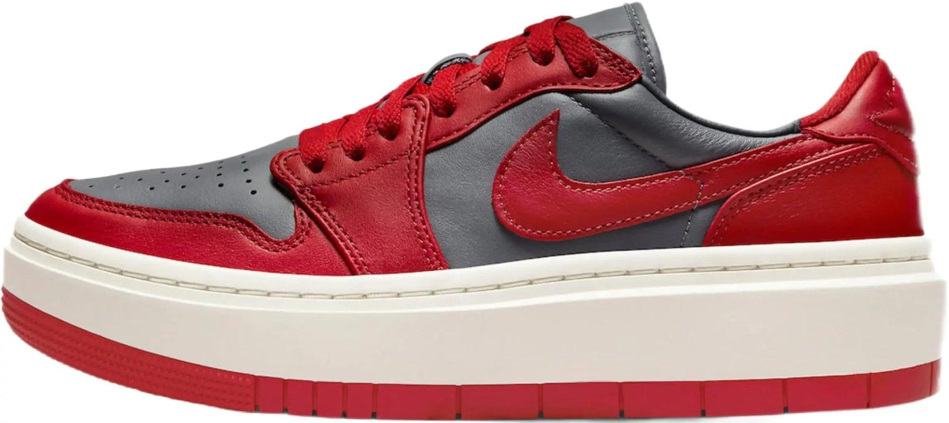 Red and gray Nike Air Jordan 1 low platform sneaker for women's fashion