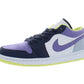 Purple and navy low-top sneaker with neon yellow accents, women's fashion footwear