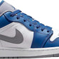 Blue and white low-top sneaker with gray Nike swoosh, stylish women's fashion footwear