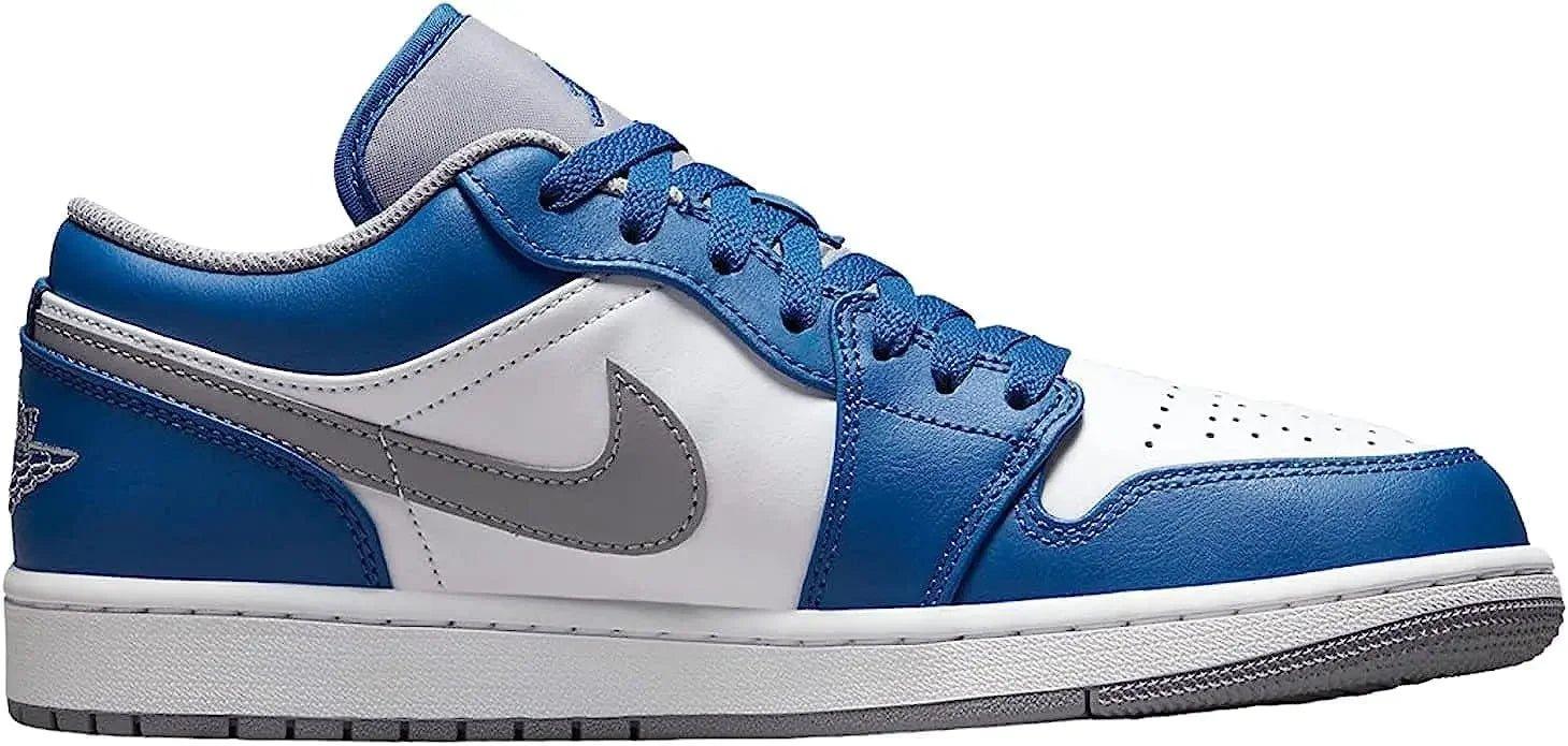 Blue and white low-top sneaker with gray Nike swoosh, stylish women's fashion footwear