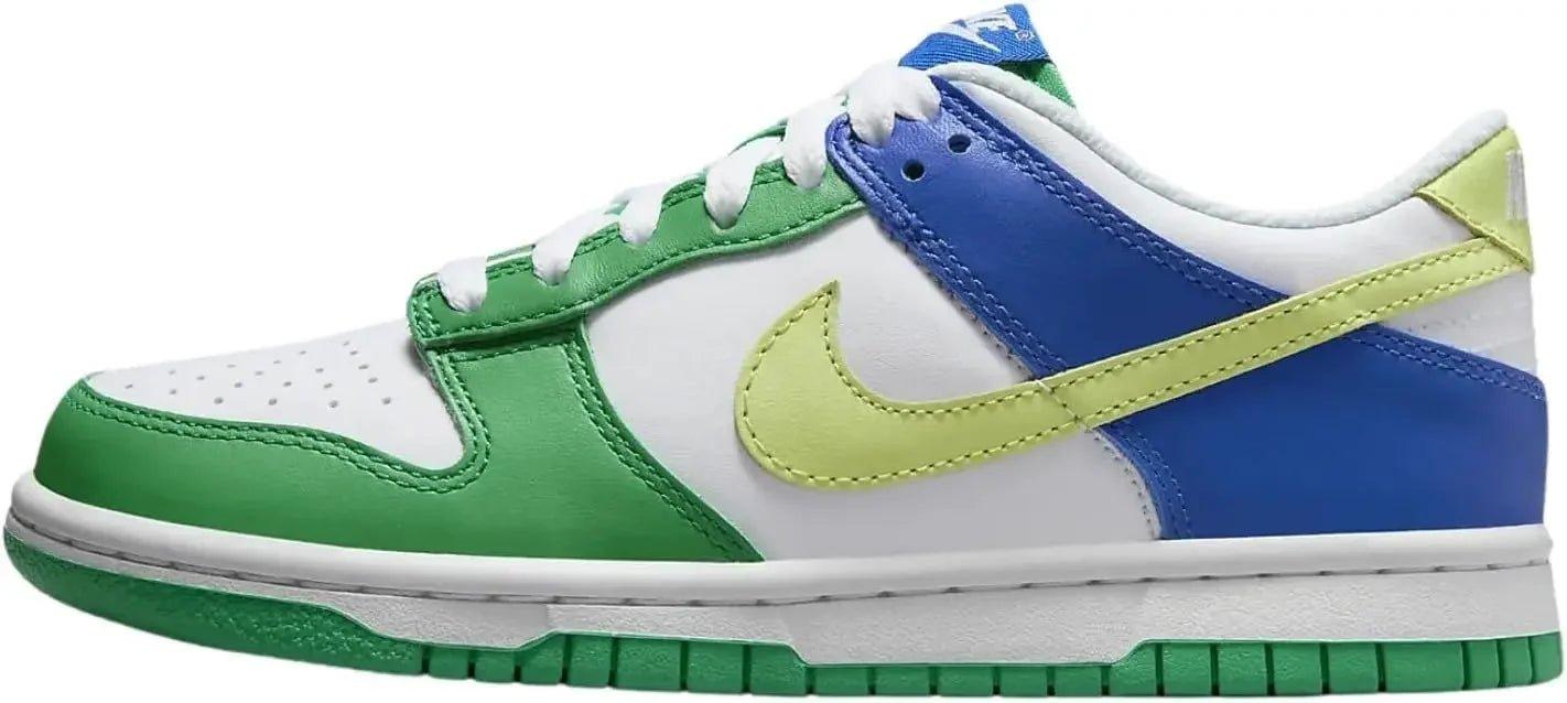 Green, blue, and white Nike Dunk Low sneaker with lime Swoosh, women's fashion footwear