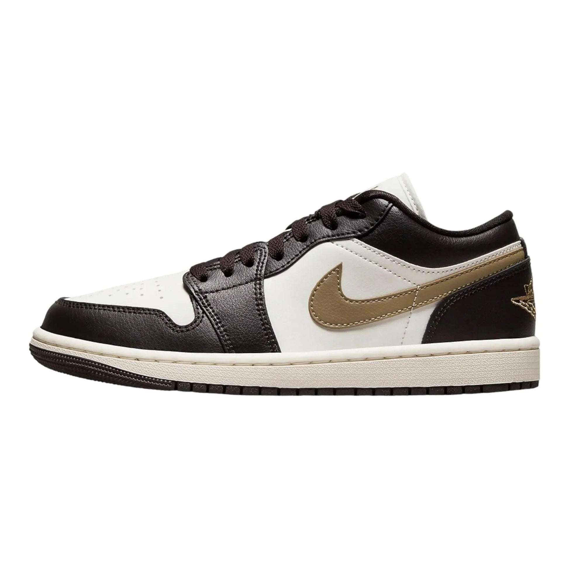 Black and white women's sneaker with gold Nike swoosh, low-top fashion shoe