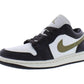 Black and white low-top sneaker with olive green swoosh, stylish women's fashion footwear