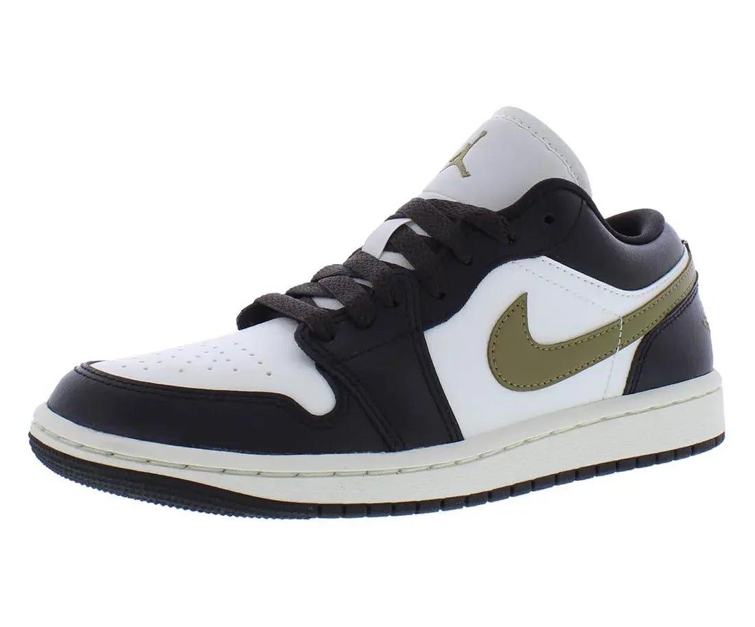 Black and white low-top sneaker with olive green swoosh, stylish women's fashion footwear