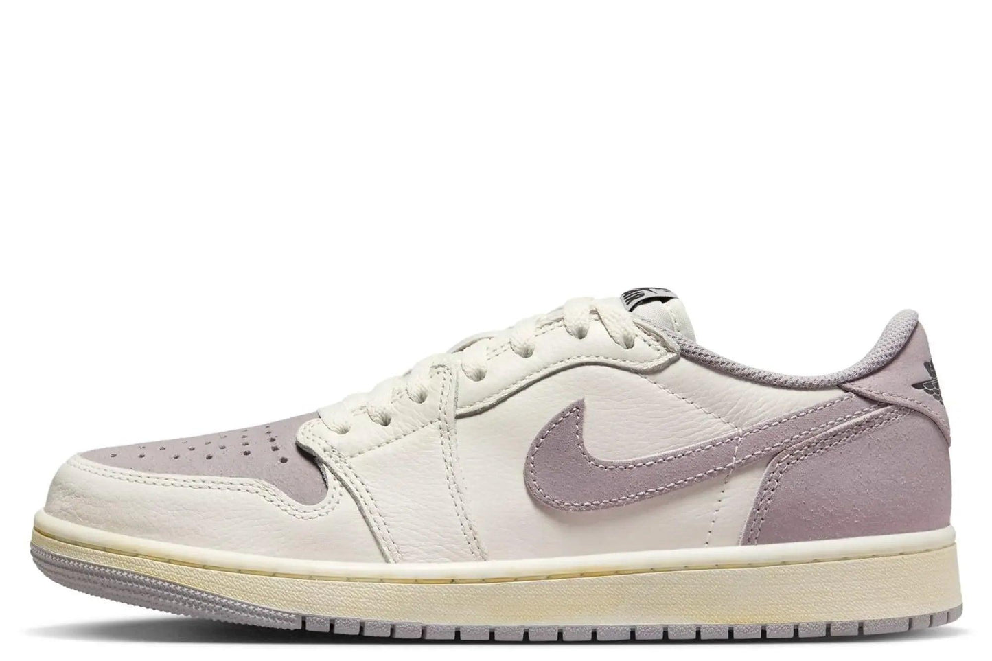 Women's white and lavender Nike Air Jordan 1 low sneaker with suede accents and classic design