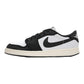 Black and white Nike Air Jordan 1 low-top sneaker with classic swoosh logo and cream sole