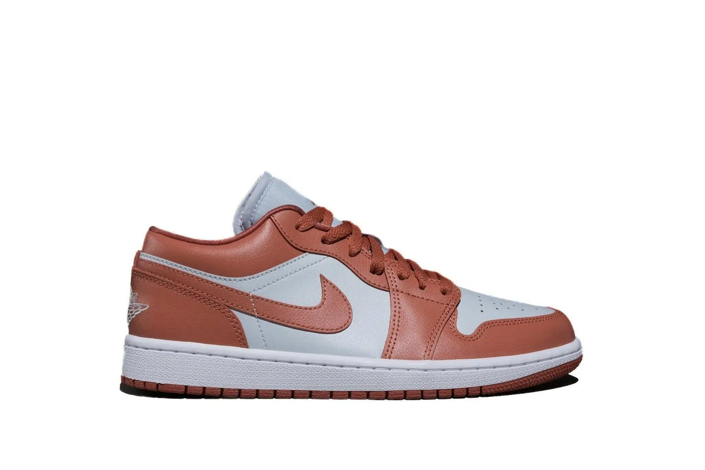 Women's low-top sneaker in brown and light blue with white sole, stylish casual footwear