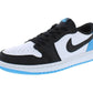 Black and white Nike Air sneaker with light blue accents, low-top women's fashion shoe