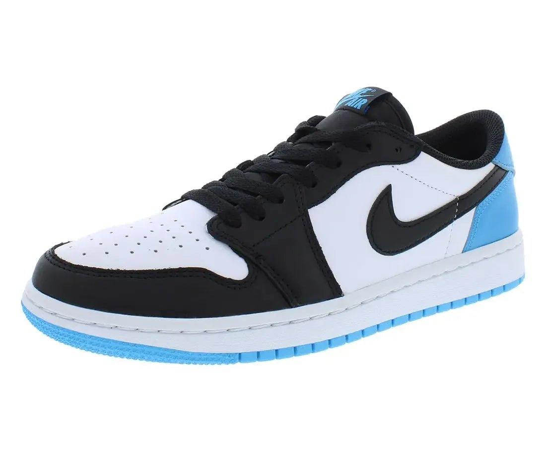 Black and white Nike Air sneaker with light blue accents, low-top women's fashion shoe
