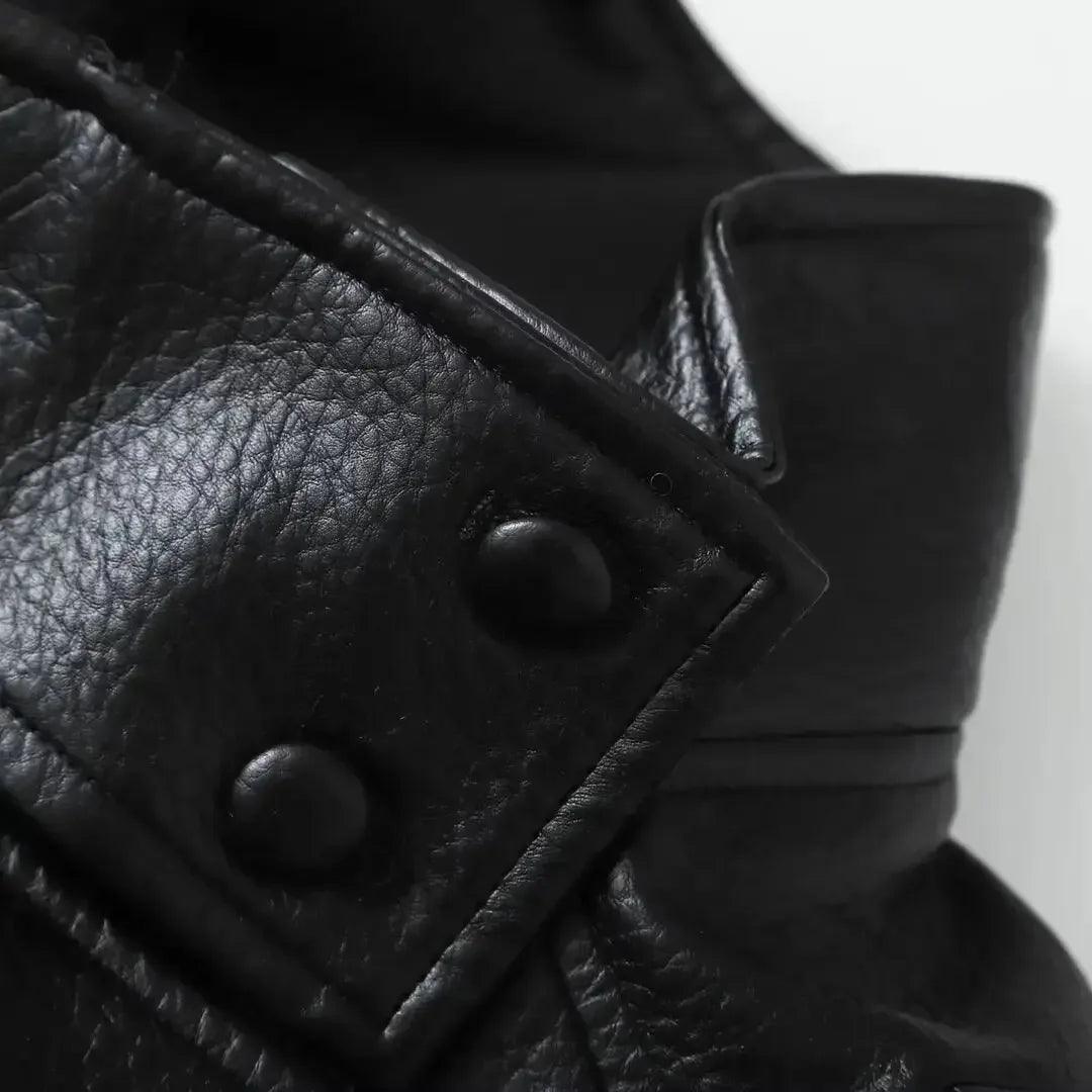 Black leather jacket with snap buttons, women's fashion outerwear detail