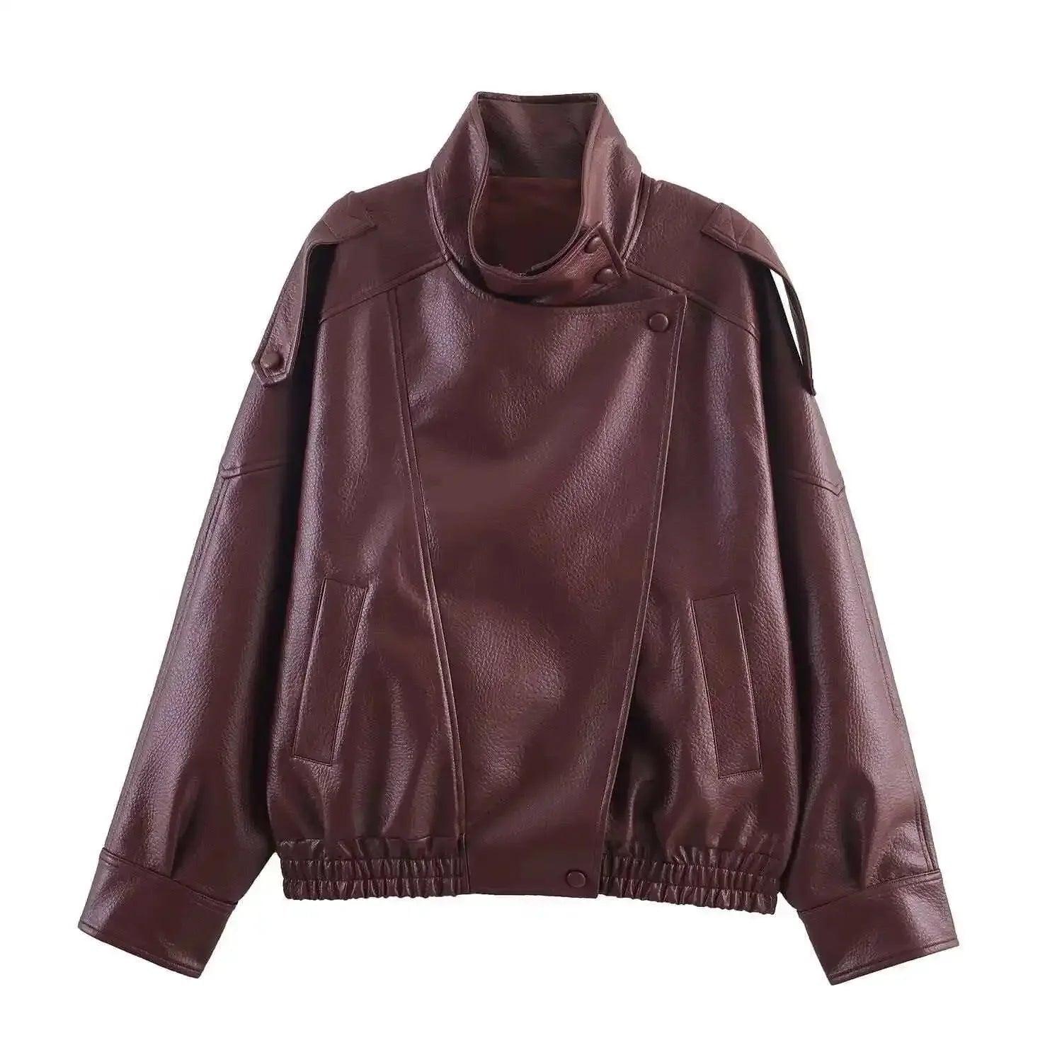 Women's brown faux leather jacket with high collar and button details, stylish fashion outerwear