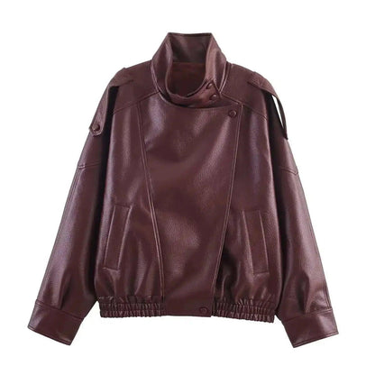Women's brown faux leather jacket with high collar and button details, stylish fashion outerwear