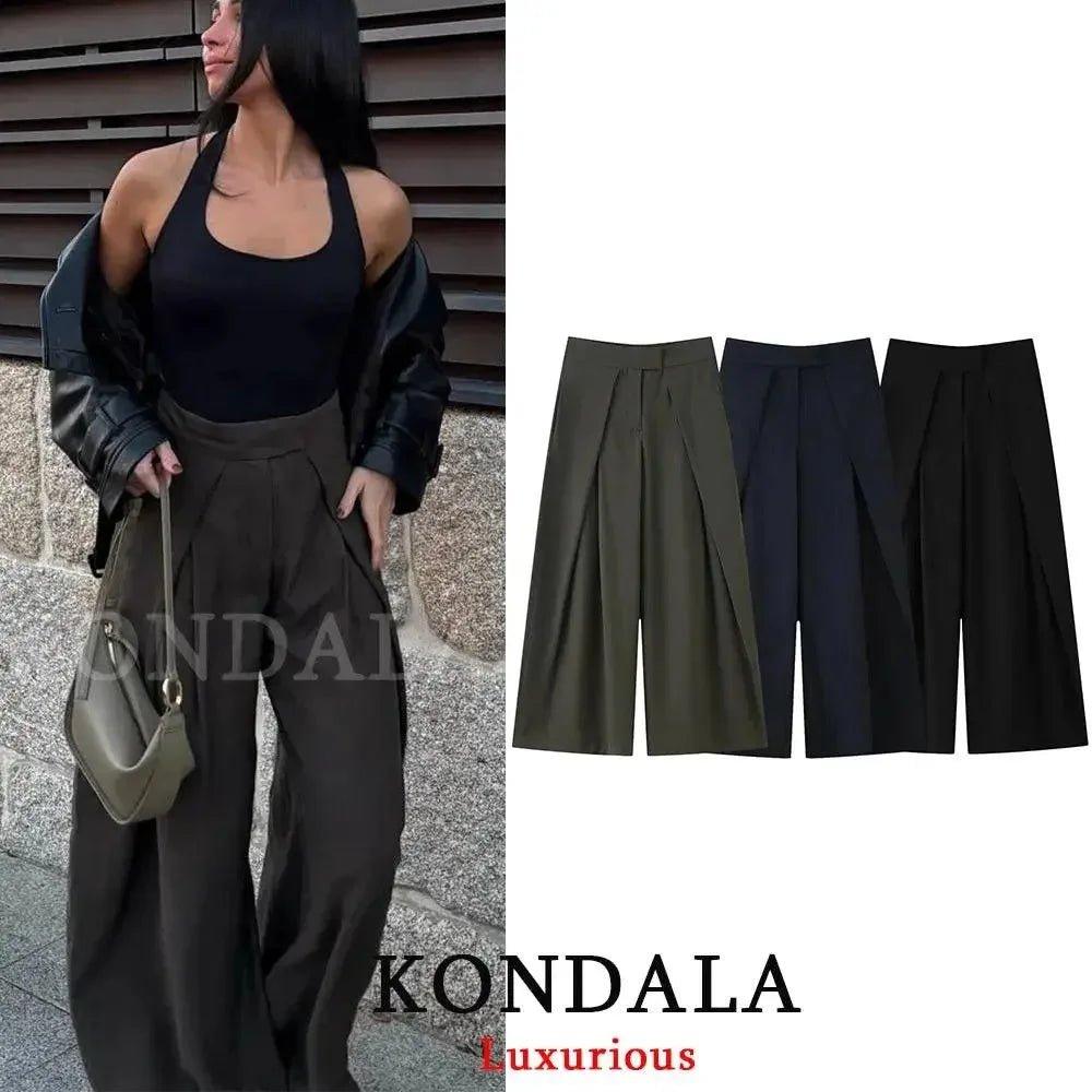 Women's wide-leg pleated trousers in olive, navy, black — stylish fashion pants for casual wear
