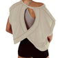 Women's open back workout top with crisscross design, paired with black shorts for gym or yoga