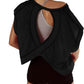 Black open-back workout top with crisscross design, paired with gym shorts for women's fitness fashion