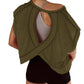 Olive green women's workout top with open back design, paired with black shorts for gym or yoga fashion.