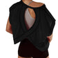 Black women's workout top with open back design, layered over gray sports bra, ideal for fitness and gym wear.