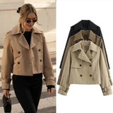 Women's stylish beige trench coat, double-breasted with belt, shown in streetwear and product views