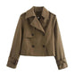 Women's olive green cropped trench coat with double-breasted buttons and belt cuffs