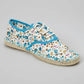 Floral print espadrille sneaker with blue trim and white laces, women's fashion footwear