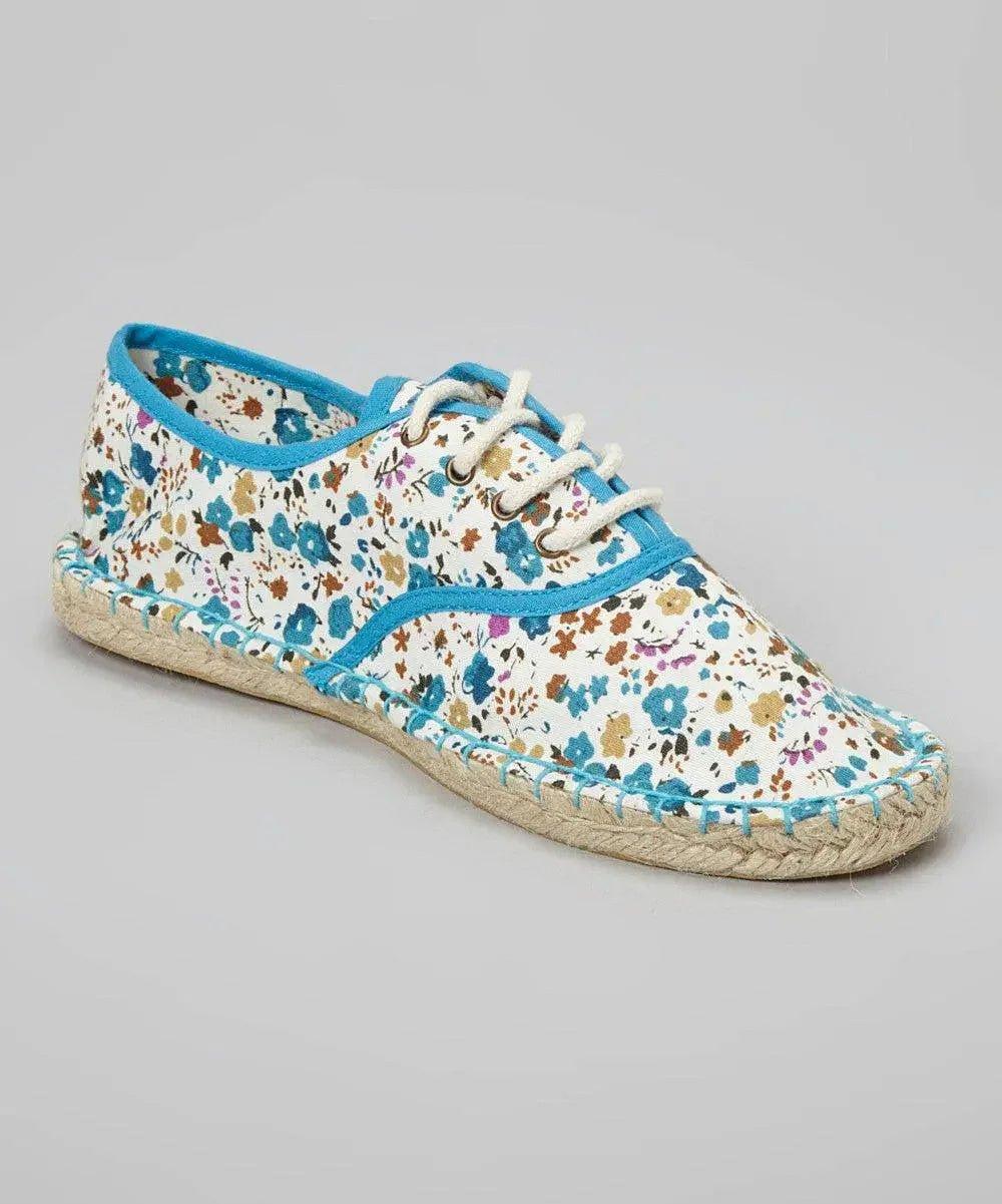 Floral print espadrille sneaker with blue trim and white laces, women's fashion footwear