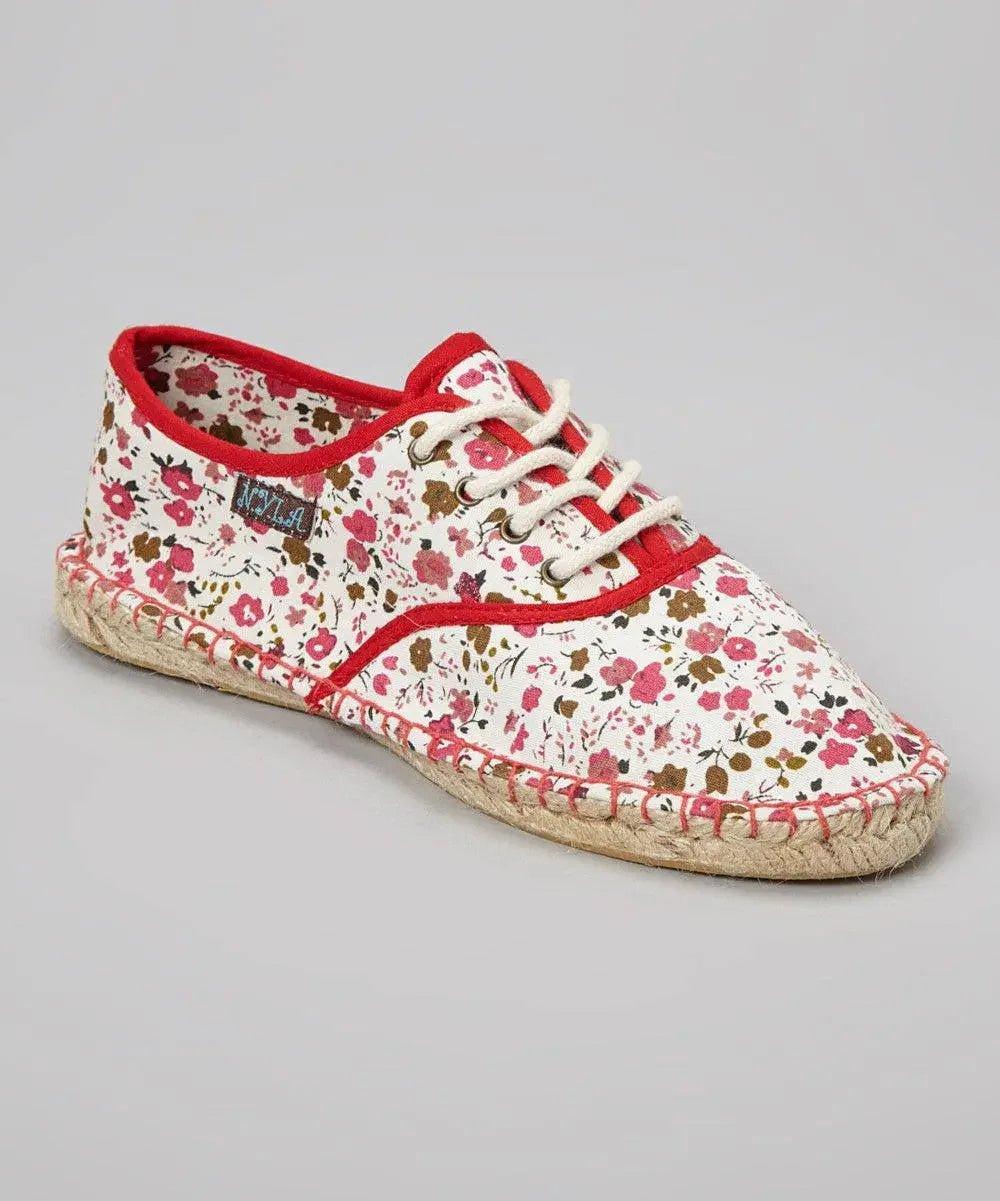 Floral print espadrille sneakers with red trim and white laces for women's fashion