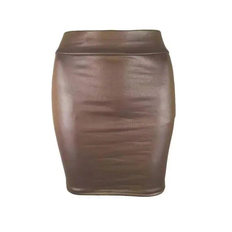 Brown faux leather mini skirt for women, bodycon style, fashion outfit
