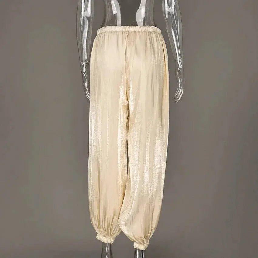 Cream metallic balloon pants on mannequin, women's fashion