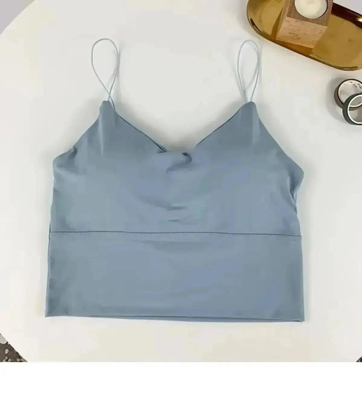 Light blue women's spaghetti strap crop top with V-neck, stylish summer fashion