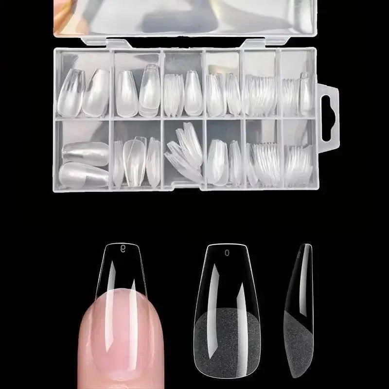 Clear false nails in organized case, assorted shapes for women’s fashion manicure