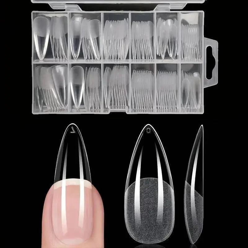 Clear stiletto false nails in organized case, perfect for women's fashion and beauty