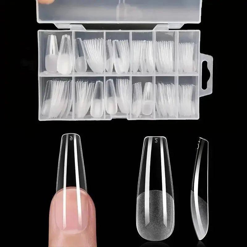 Clear stiletto false nails in organized case, perfect for women's fashion and beauty routines