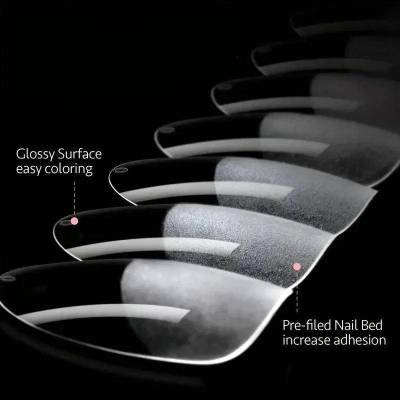 Glossy press-on nails with pre-filed nail bed for easy coloring and strong adhesion