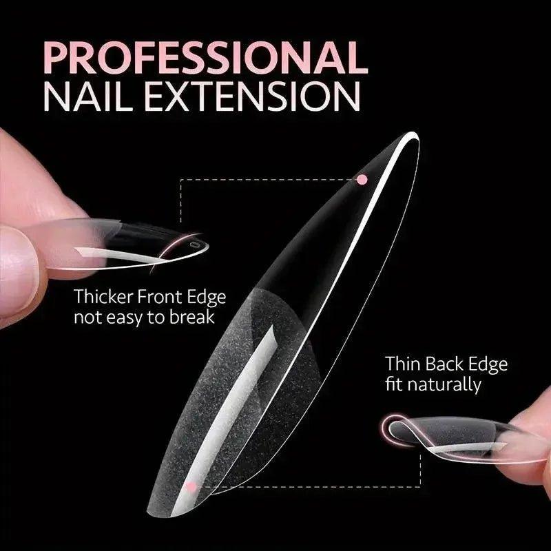 Professional nail extension tips with thicker front edge and thin back edge for natural fit