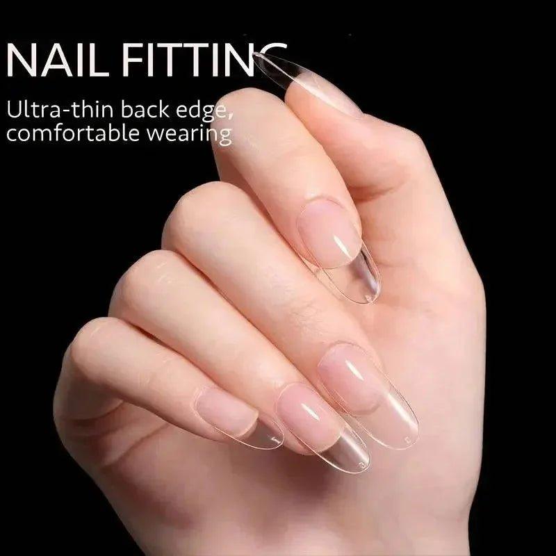 Clear press-on nails with ultra-thin back edge for comfortable wear, perfect for women's fashion beauty