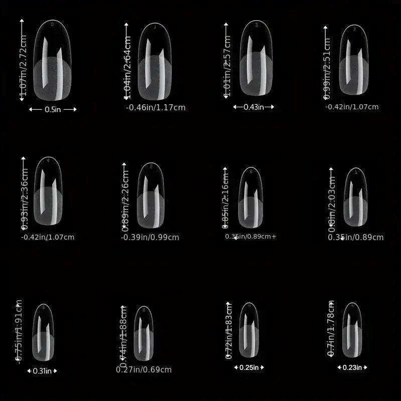 Clear press-on nails with size measurements for women’s fashion and beauty