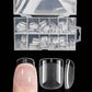 Clear press-on nails in organized case with close-up of adhesive back and natural nail fit